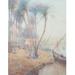 Will Perry, watercolour signed, figures on the banks of the River Nile with fishing boats 34cm x