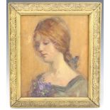 J N, oil on board, monogrammed, portrait of a young lady 20cm x 17cm, contained in a carved gilt