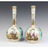 A pair of late 19th Century German porcelain bottle vases decorated with panels of figures and