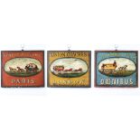 Four painted coaching panels in the style of the antique "Union Coaches to London, Bath Royal