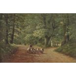 J Prentice, oil on board signed, shepherd and flock walking a country lane 18cm x 28cm