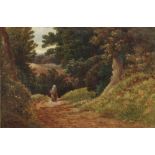 J Prentice, oil on board signed, a lady in a country wooded lane 18cm x 28cm