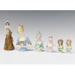 A pin doll 9.5cm, 4 others and a brush ditto Two of the figures are damaged