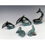 A Poole Pottery turquoise glazed figure of an otter 12cm, 4 other figures