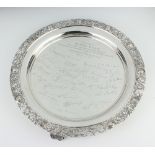 An Irish silver salver with pierced rim, engraved inscription and signatures, Dublin 1972, 1158