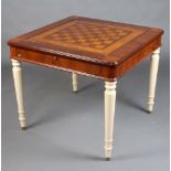 A Hurtado square inlaid walnut games table, the removable top inlaid a chess board to reveal a