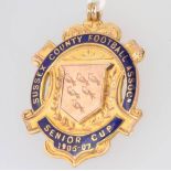 A Sussex County Football Association 9ct yellow gold and enamelled fob - Senior Cup 1906/1907, won