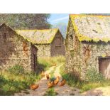 Edward Hersey (b.1948), oil on canvas signed, cockerell and chicken in a farmyard 29cm x 39cm