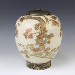 A Satsuma baluster vase decorated with flowering trees having a chased metal floral lid 29cm