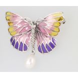 A silver, enamel and cultured pearl brooch in the form of a butterfly 5cm