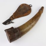 A horn and leather powder flask 29cm, a leather and steel shot flask 21cm (some corrosion to the