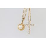 An 18ct white gold diamond set cross and chain 0.5ct, together with a 9ct yellow gold pearl