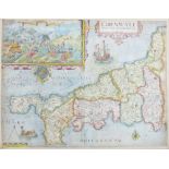 William Kip, map of Cornwall with coloured borders and vignette 29cm x 39cm