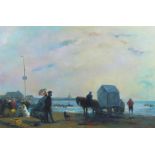 J. LeSaux, oil on board, Edwardian figures on a beach 49cm x 75cm