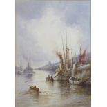 S McKinley, watercolour signed, Thames scene with moored vessels 34cm x 24cm
