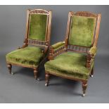 An Art Nouveau carved oak show frame armchair with bobbin turned decoration, the seat back