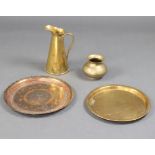 A Sankey and Sankey Victorian copper brass jug 30cm h x 15cm, an Indian brass vase 10cm x 11cm, a