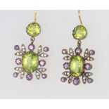 A pair of silver gilt peridot, amethyst and diamond floral earrings 25mm