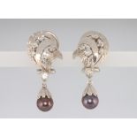 A pair of white gold, grey pearl and diamond whorl earrings ensuite to the preceding lot