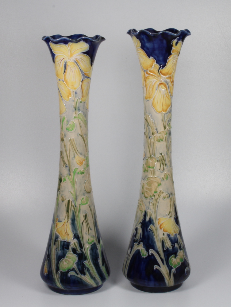 A near pair of William Moorcroft Macintyre Florian Ware waisted vases decorated with yellow irises - Image 7 of 9