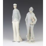 A Lladro figure of a gentleman holding a violin case under his arm 36cm, a ditto of a fisherman