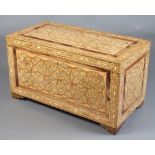 A Moorish style inlaid hardwood coffer with hinged lid 44cm h x 79cm w x 41cm d Some water marks