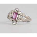 A platinum Edwardian style pink sapphire and diamond ring, size N