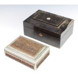 A George IV ebonised trinket box with mother of pearl panel 16cm x 18cm x 29cm (escutcheon missing),