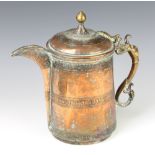 A cylindrical engraved copper Turkish coffee pot with brass handle and finial 26cm h x 13cm diam.