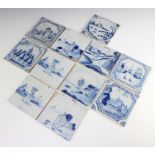 Eleven 19th Century Delft porcelain tiles decorated with figures, landscapes and buildings 13cm x