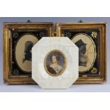 A painted miniature of a lady contained in a piano key octagonal frame 13cm and 2 19th Century