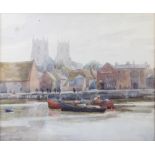 L G Walpole, watercolour signed, harbour scene with distant buildings 30cm x 36cm