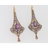 A pair of silver gilt Edwardian style amethyst and diamond drop earrings 32mm