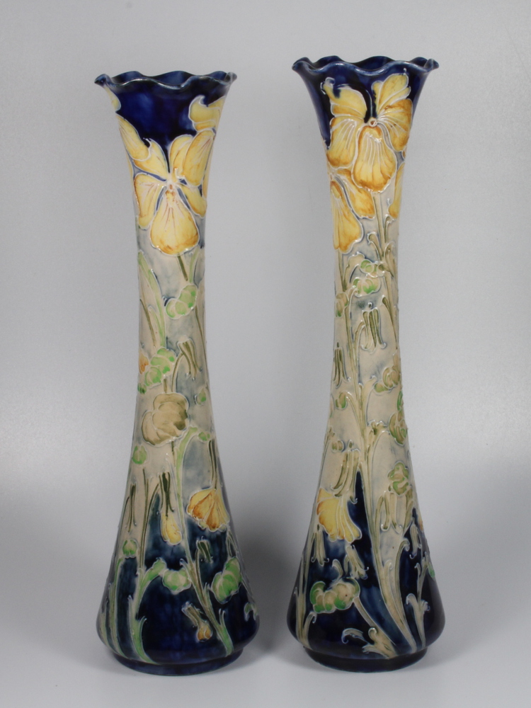 A near pair of William Moorcroft Macintyre Florian Ware waisted vases decorated with yellow irises - Image 8 of 9