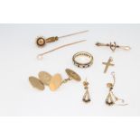 A pair of 9ct yellow gold cufflinks, a pair of ditto earrings, a bar brooch and crucifix together