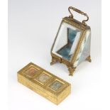 A Victorian gilt metal 3 section stamp box the lid set 3 stamps 3cm x 4cm x 3.5cm together a gilt