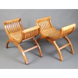 A pair of Georgian style X framed hardwood stools with woven rush seats 59cm h x 74cm w 37cm d