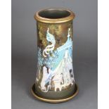 A painted chimney pot decorated with a procession of figures, suitable for use as a stick stand