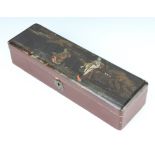 A rectangular Chinese lacquered box the lid decorated Geishas with hinged lid 6cm x 28cm x 8cm