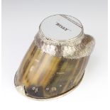 A novelty inkwell in the form of a silver plated mounted horses hoof inscribed "Billy"