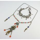 An Eastern hardstone mounted necklace and 1 other, 195 grams
