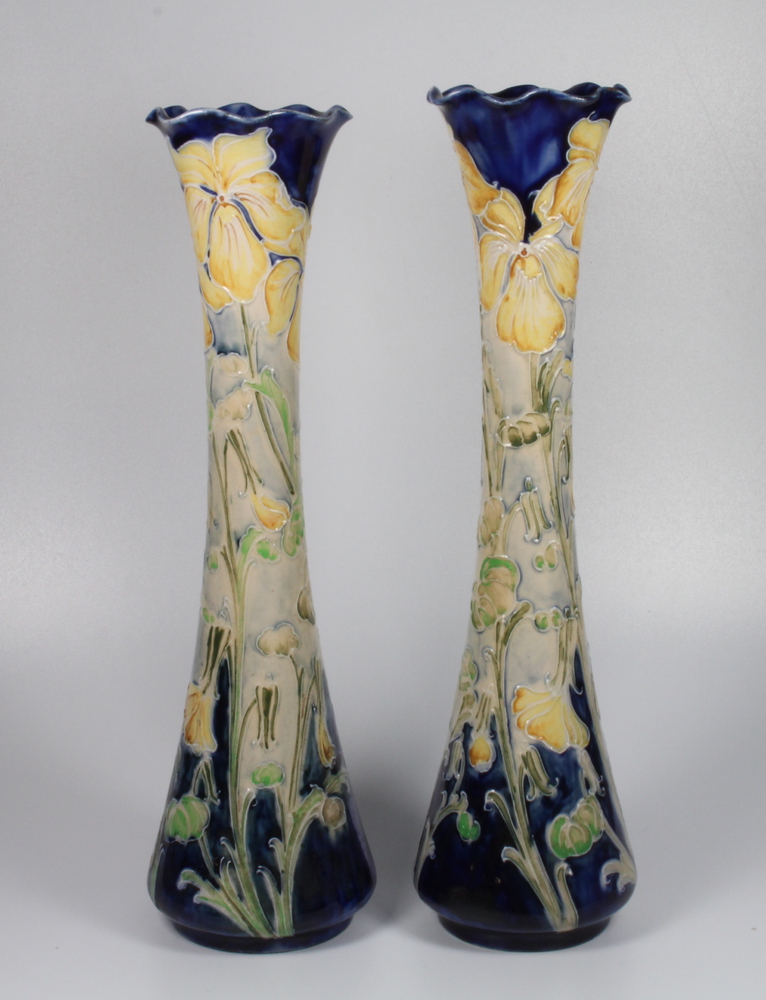 A near pair of William Moorcroft Macintyre Florian Ware waisted vases decorated with yellow irises - Image 5 of 9