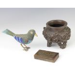 A cloisonne figure of a bird 9cm x 13cm, a 19th Century rectangular horn snuff box, the lid