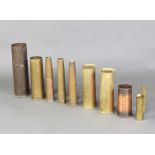A pair of WWI brass Trench Art vases formed from 18lb shell cases marked 1916, 1 other dated 1915, a