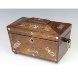 A Victorian rosewood and inlaid mother of pearl sarcophagus tea caddy with associated later glass