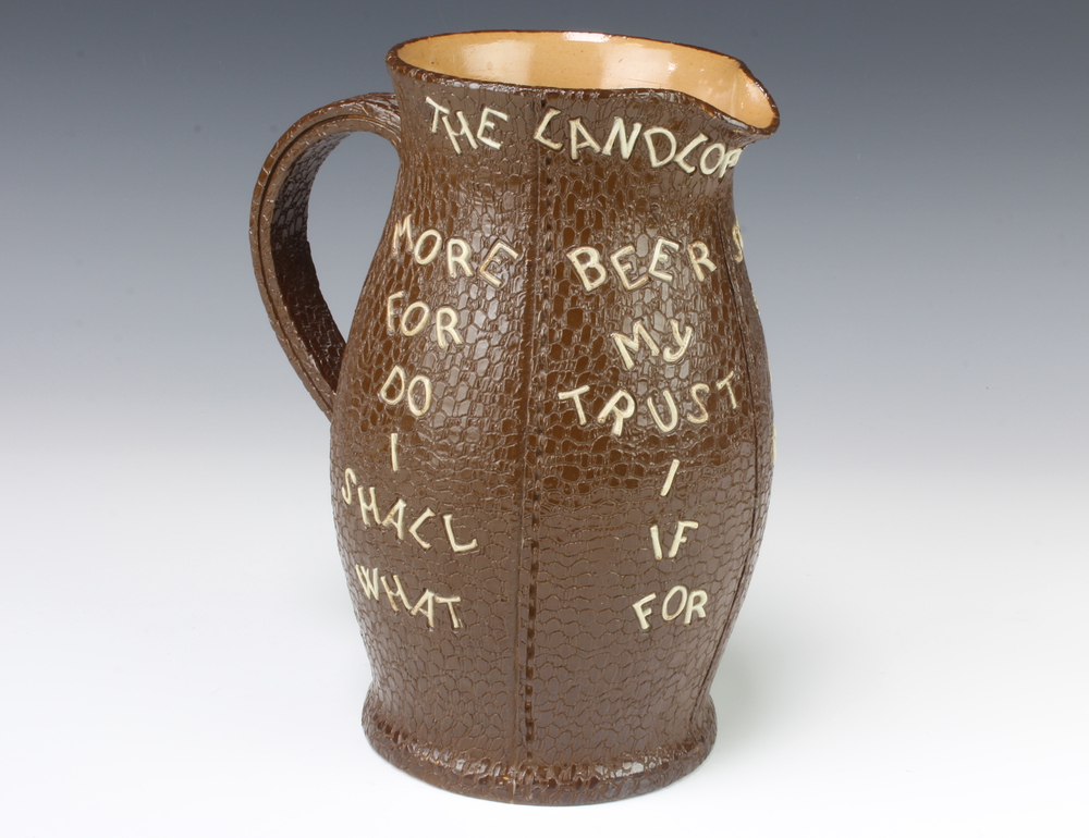 A Doulton Slaters motto leatherware jug, The Landlords Caution 21cm The jug has a chip to the