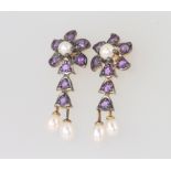 A pair of silver gilt Edwardian style amethyst and seed pearl earrings 25mm