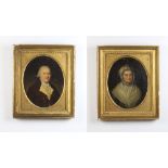 19th Century oils on canvas a pair, unsigned, oval, study of a lady and gentleman 30cm x 24cm