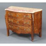 A French Kingwood commode of serpentine outline with pink veined marble top, fitted 3 long drawer