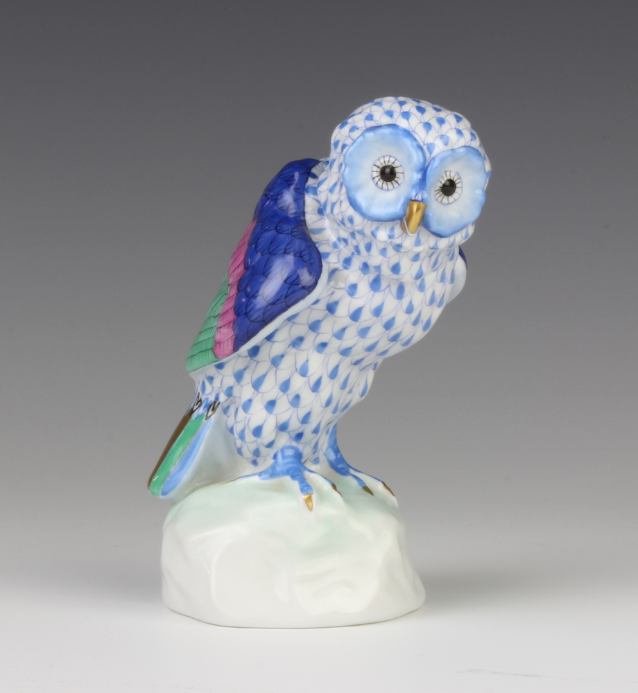 A Herend figure of an owl sitting on a rock 13cm